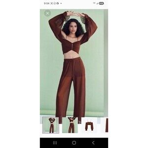 Womens Zara 2pc Brown ribbed Off-Shoulder Crop Top & Wide Leg Pants Lounge Set
